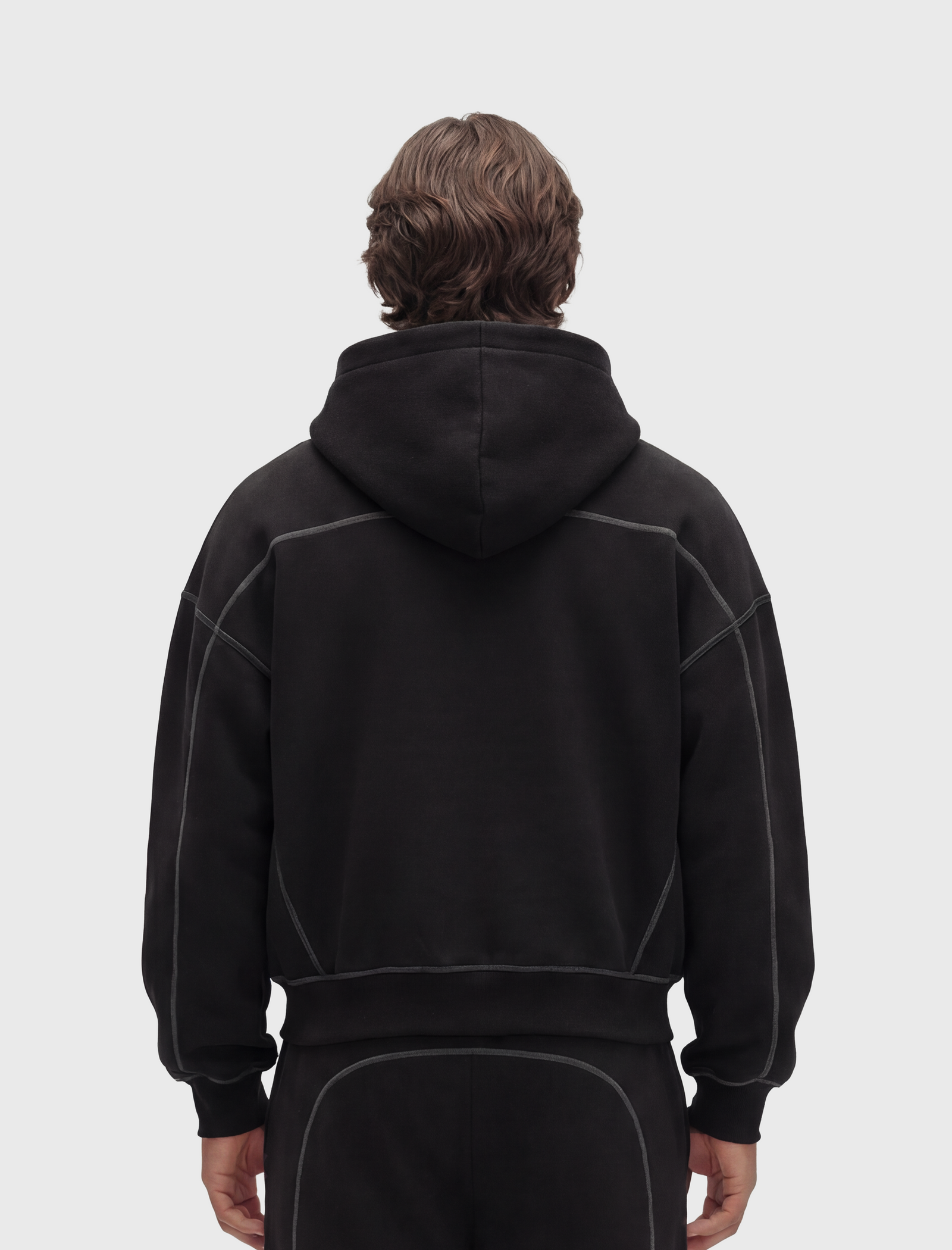 HERCXLES 2026: Contrast-Stitched Boxy Fleece Zip Hoodie - Black model back
