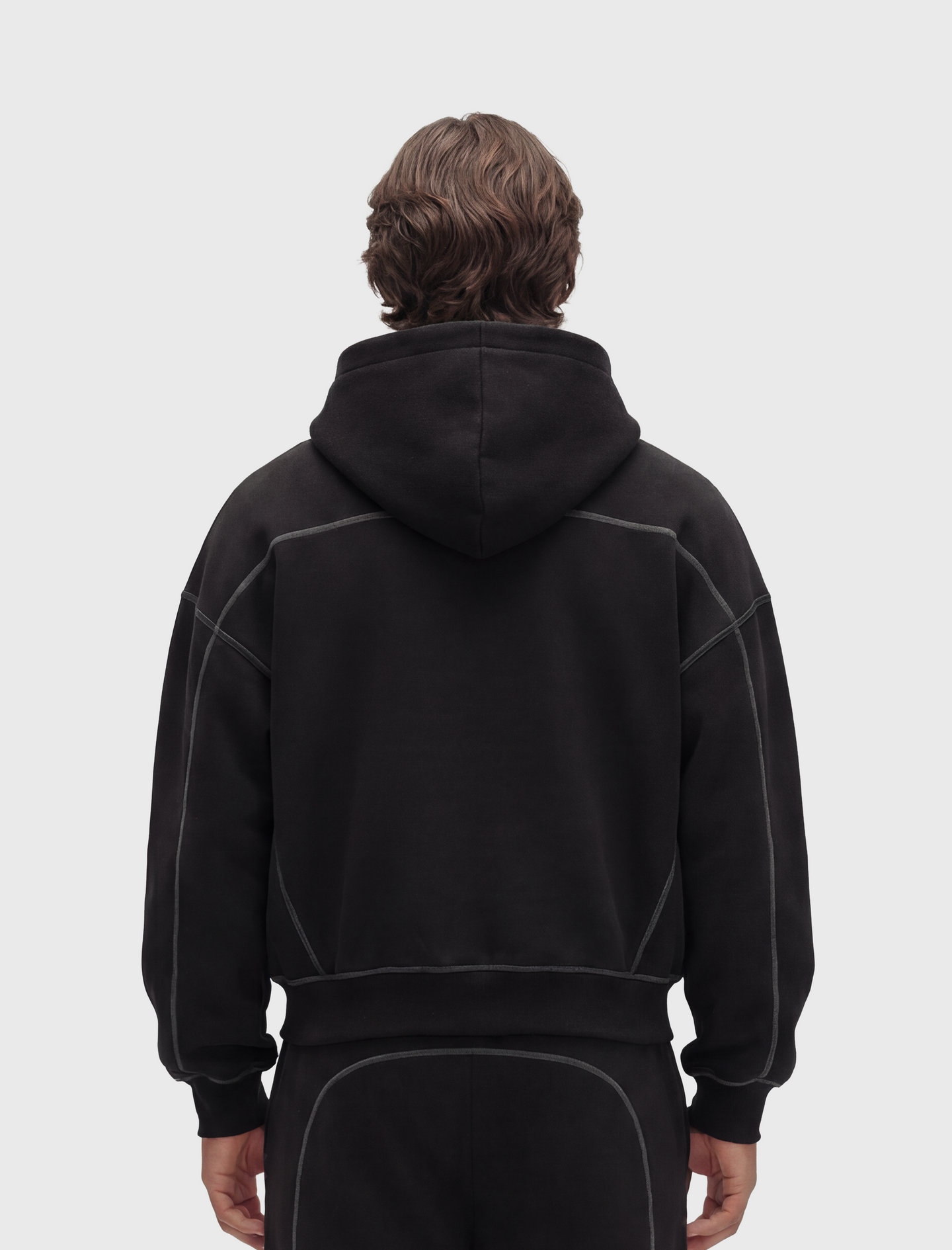 HERCXLES 2026: Contrast-Stitched Boxy Fleece Hoodie - Black model back
