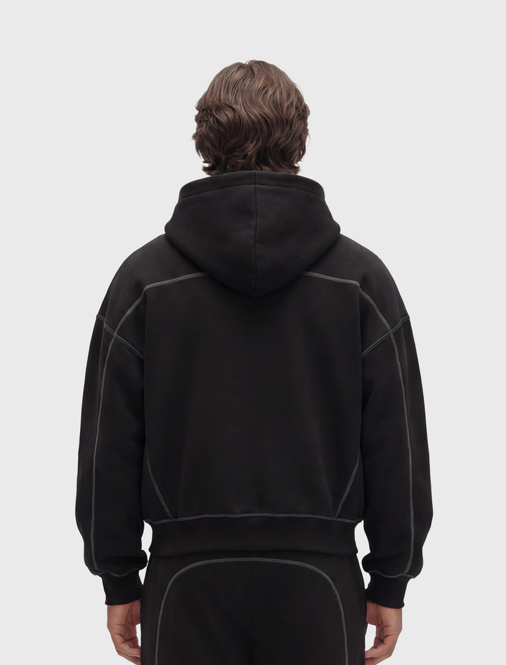 HERCXLES 2026: Contrast-Stitched Boxy Fleece Hoodie - Black model back