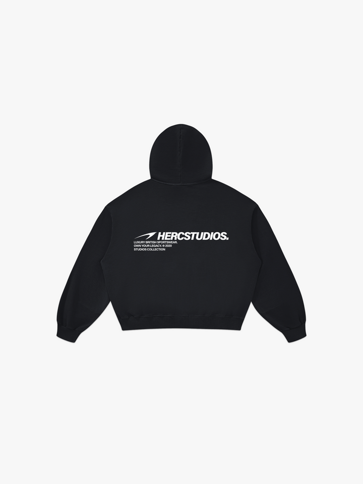 HERCSTUDIOS Boxy Hoodie - Black back flat lay