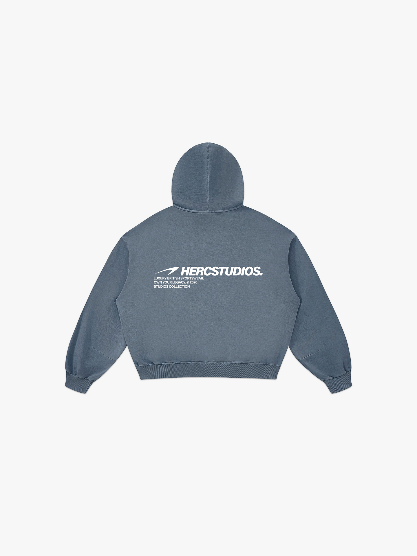 HERCSTUDIOS Boxy Hoodie - Blue Grey back flat lay