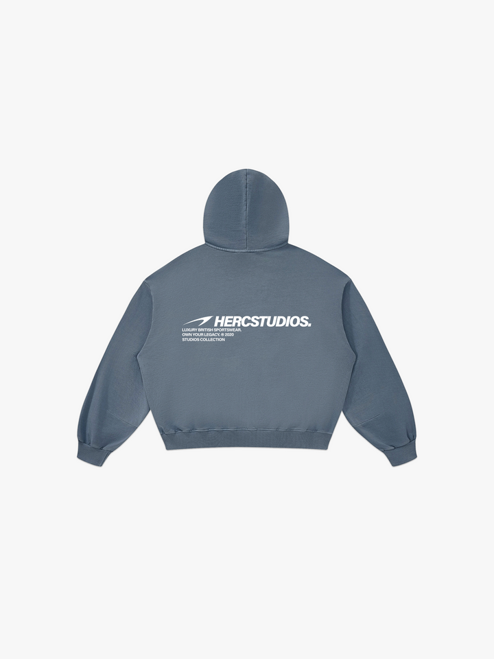 HERCSTUDIOS Boxy Hoodie - Blue Grey back flat lay