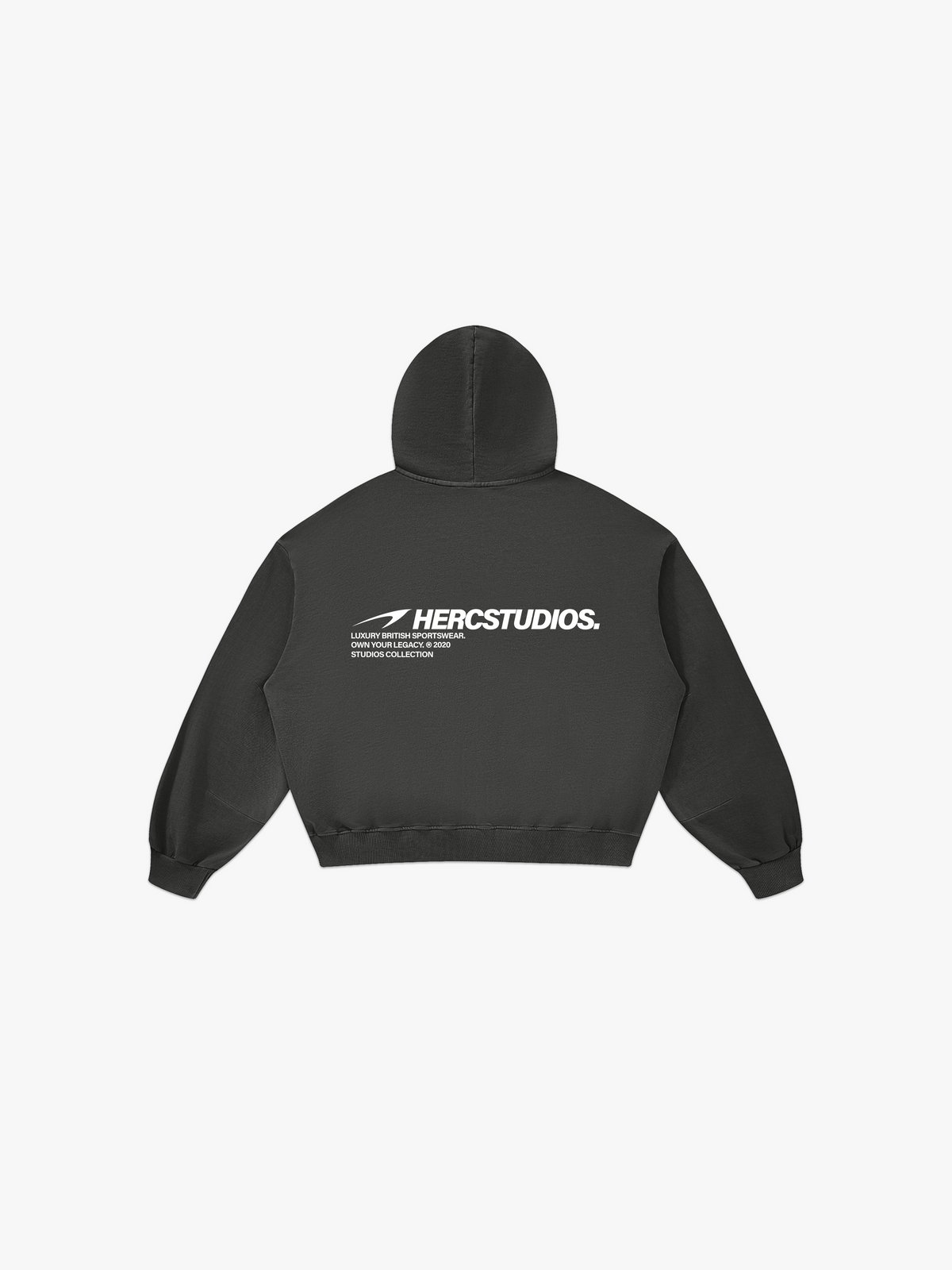 HERCSTUDIOS Boxy Hoodie - Dark Grey back flat lay