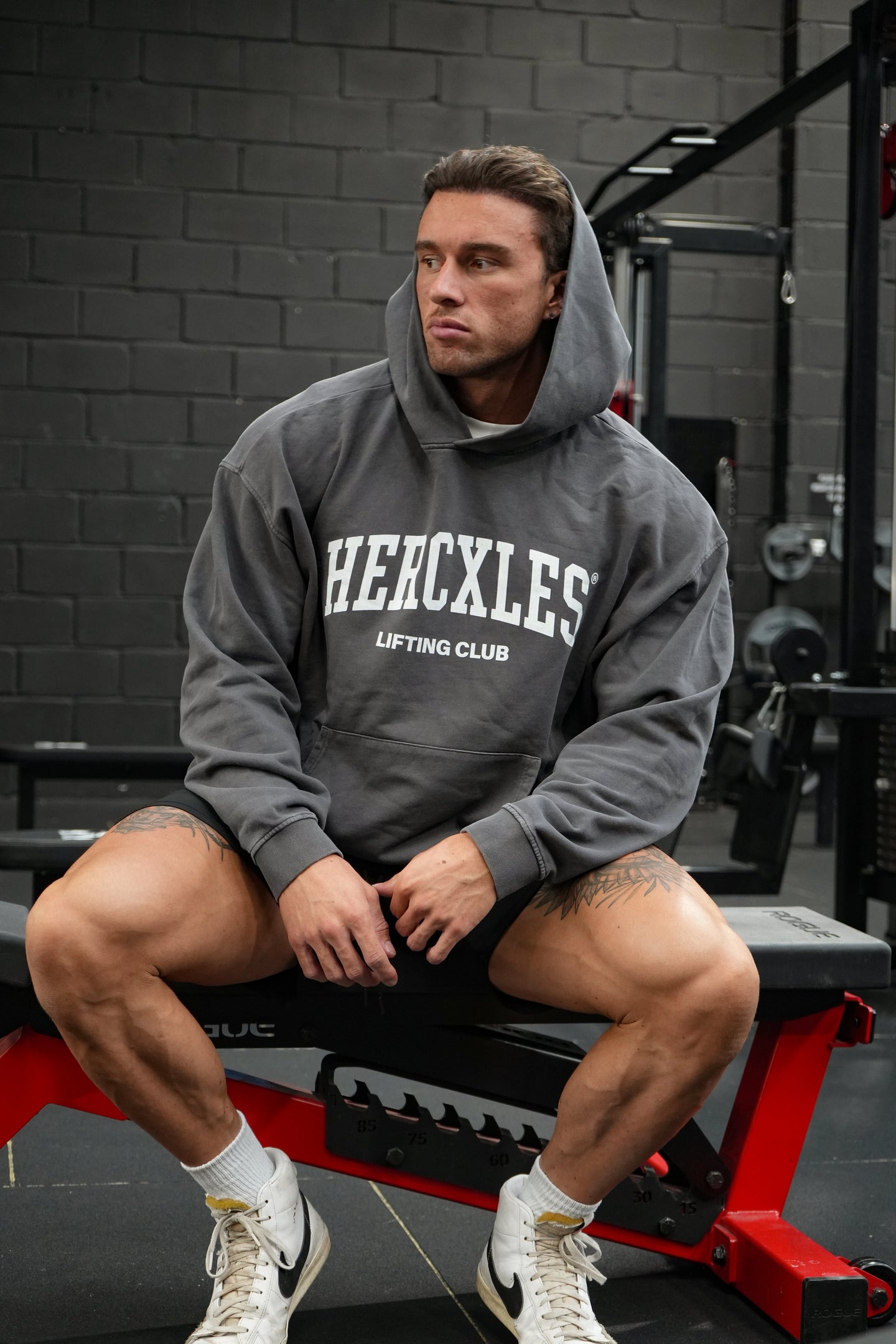HERCXLES Lifting Club Vintage Wash Boxy Hoodie - Dark Grey seated model front