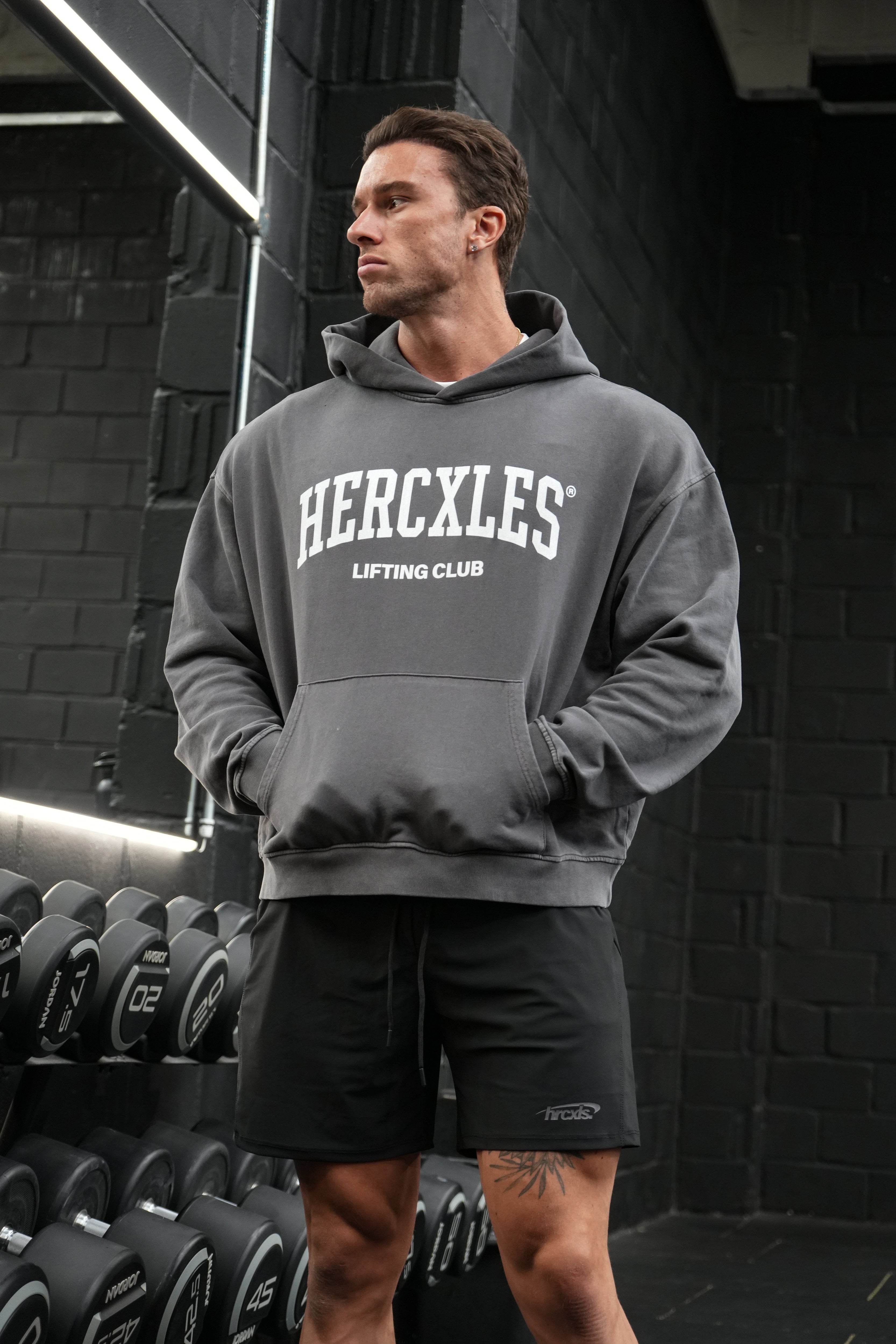 HERCXLES Lifting Club Vintage Wash Boxy Hoodie - Dark Grey standing model front