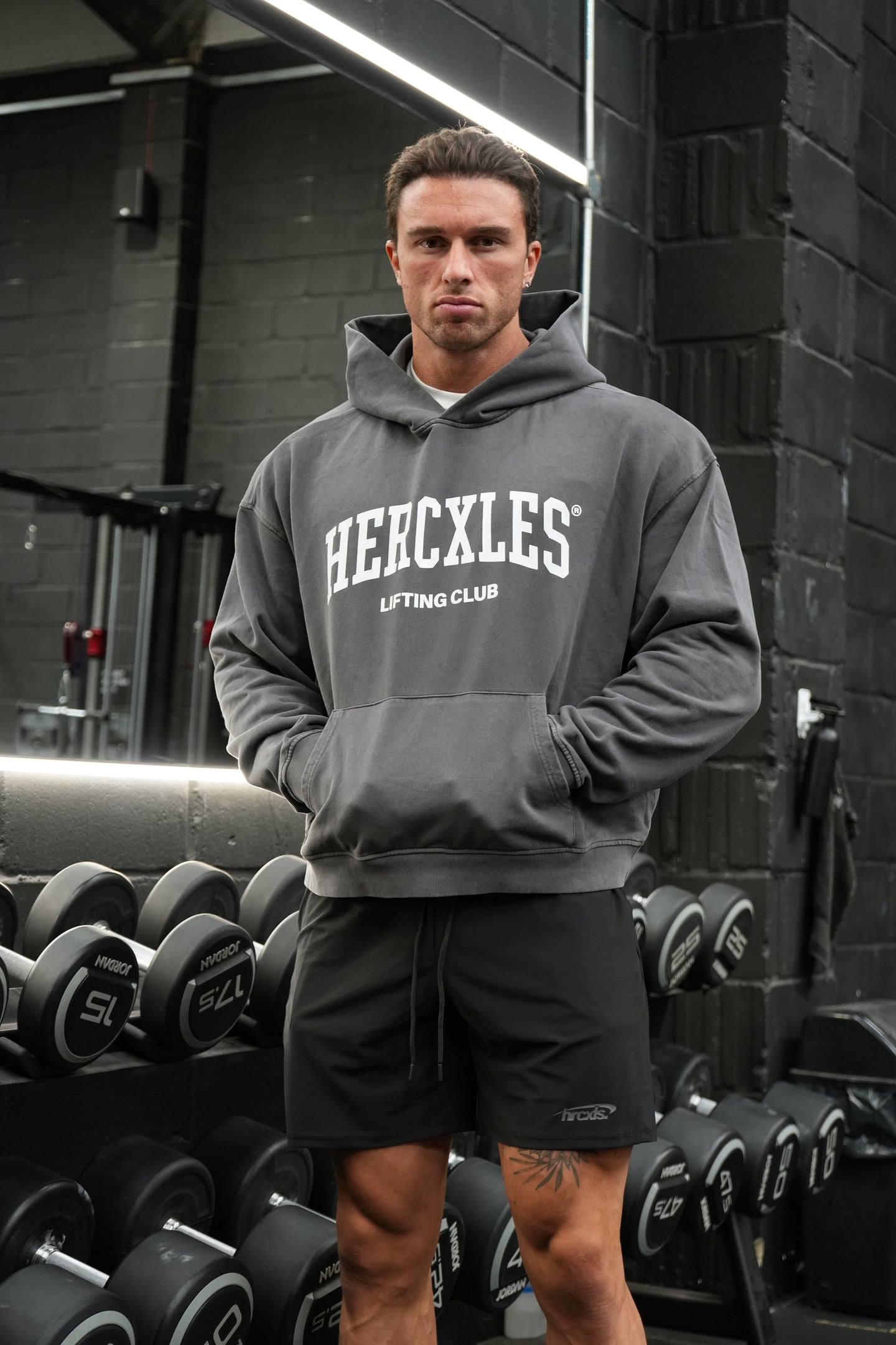 HERCXLES Lifting Club Vintage Wash Boxy Hoodie - Dark Grey standing model full length