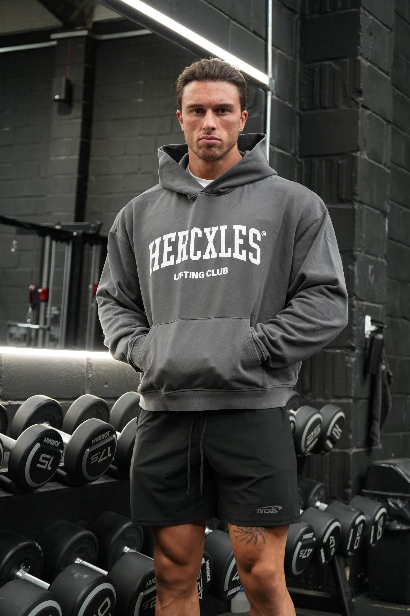 HERCXLES Lifting Club Vintage Wash Boxy Hoodie - Dark Grey standing model full length