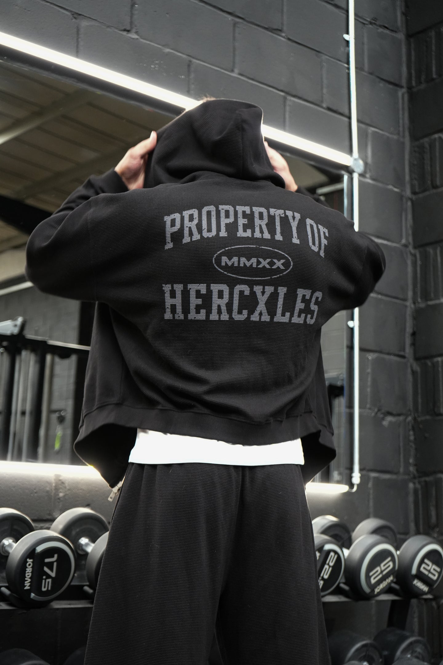 HERCXLES Property Of Waffle Boxy Zip Hoodie - Black back artwork model detail
