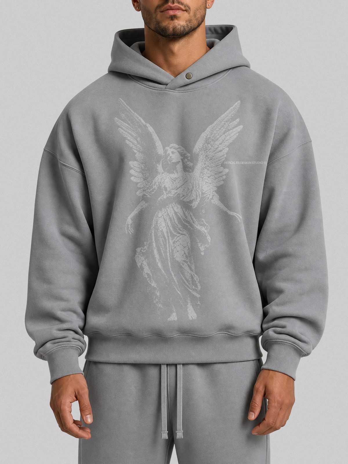 HERCXLES 2026: Angel Distressed Hoodie - Dark Grey model