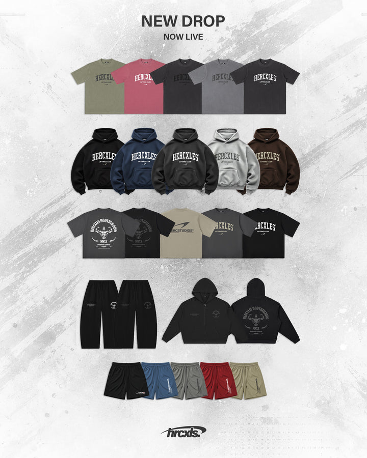 New Drop Now Live product collage featuring HERCXLES tees, hoodies, sweatpants and shorts in multiple colours