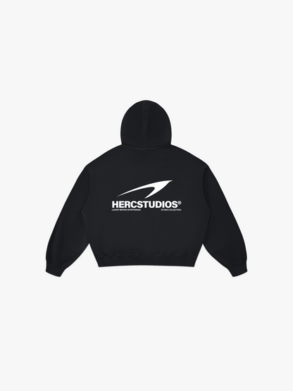 HERCSTUDIOS Boxy Hoodie - Black back flat lay