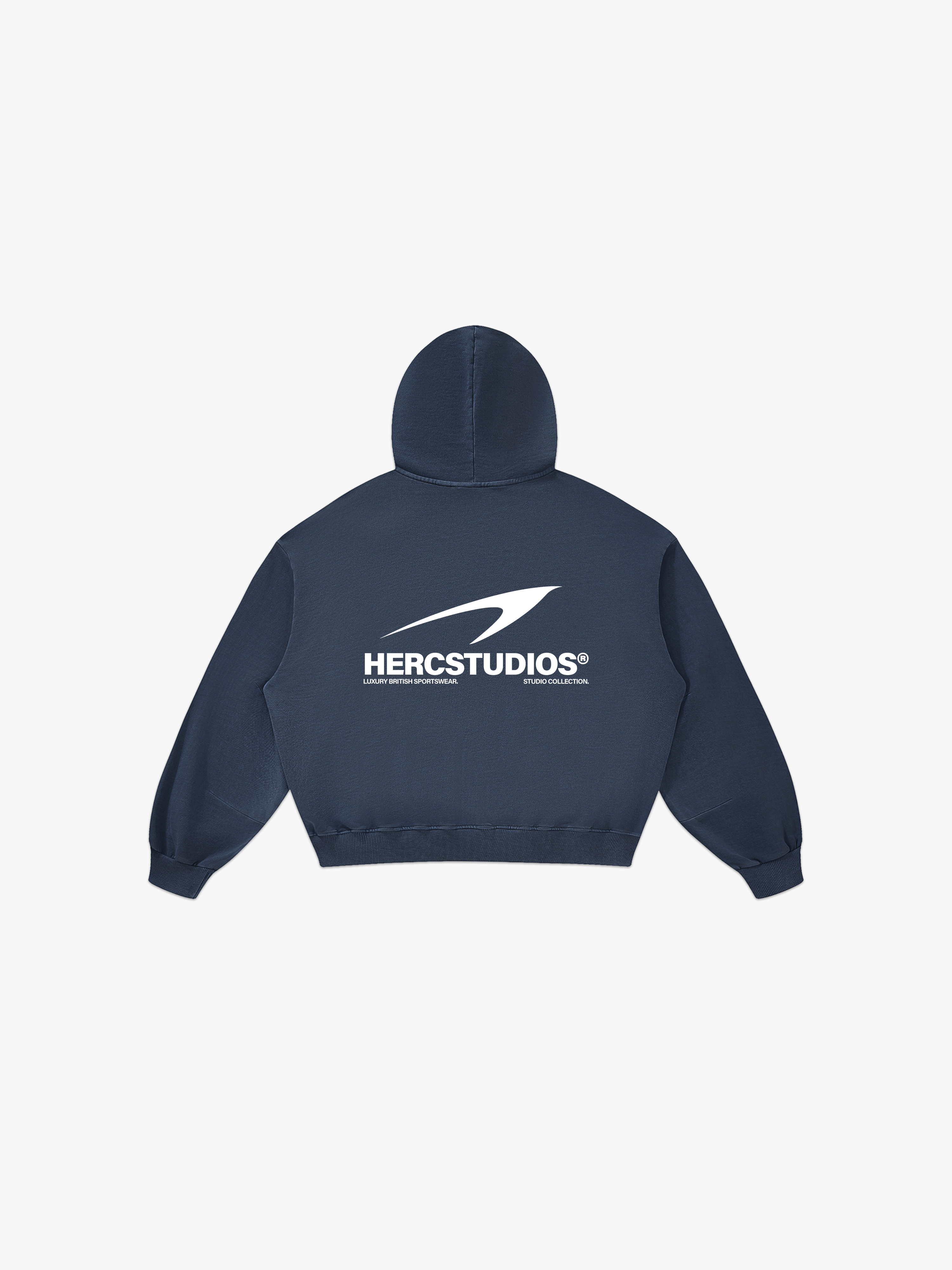 HERCSTUDIOS Boxy Hoodie - Navy back flat lay