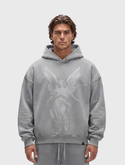 HERCXLES 2026: Angel Distressed Hoodie - Light Grey model front