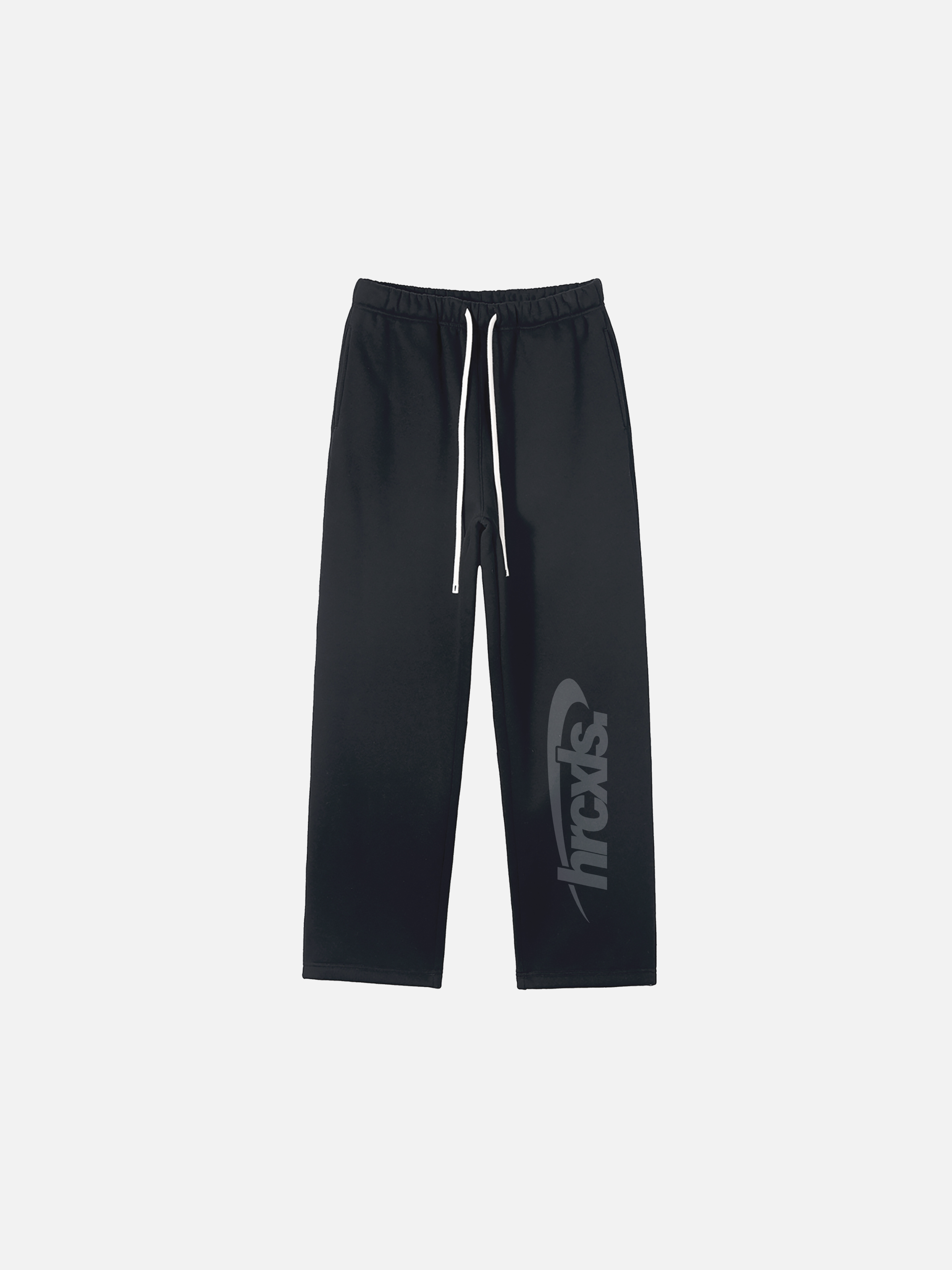 Athletic black sweatpants flat lay with large grey logo on right leg