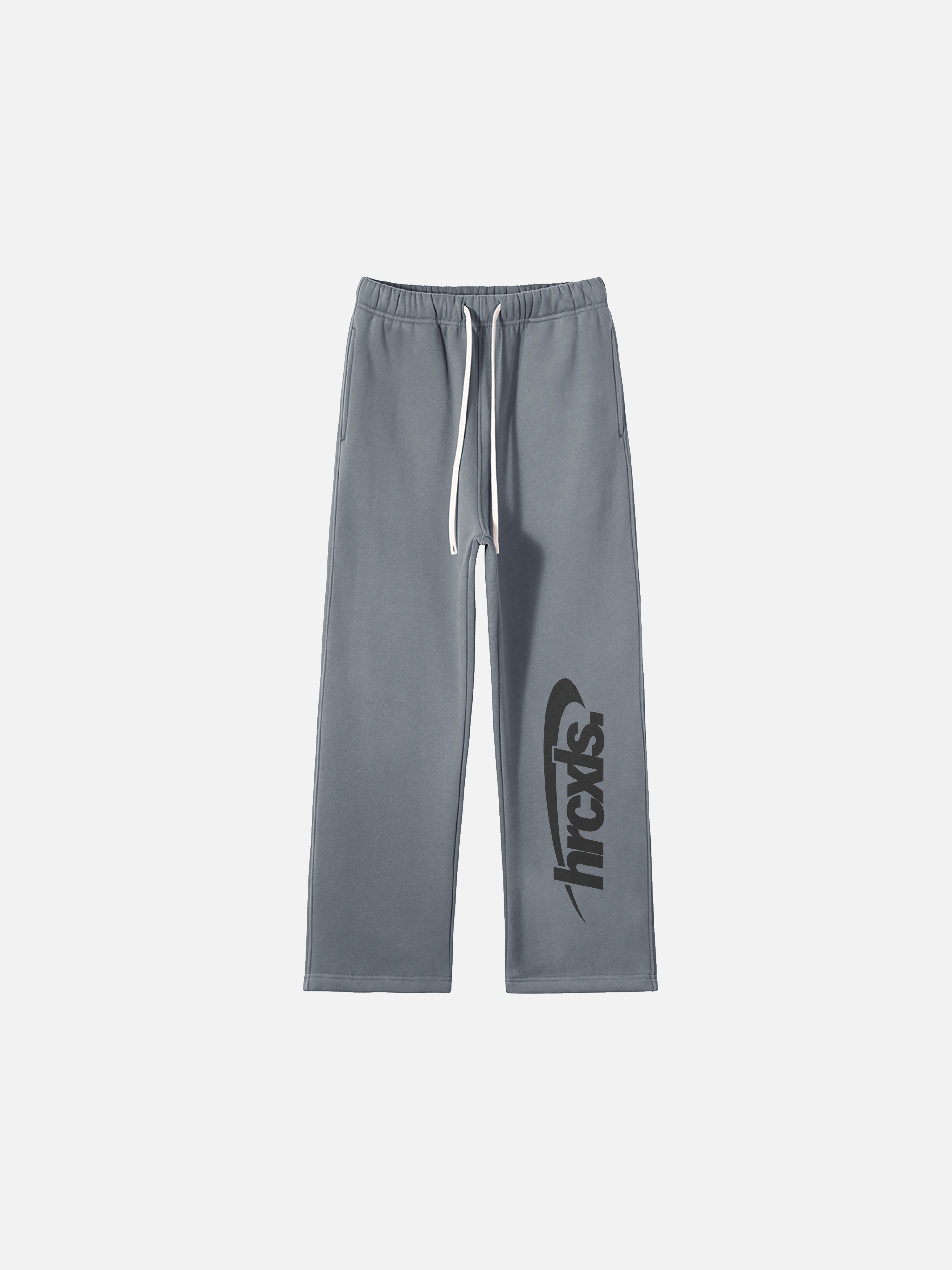 Athletic grey sweatpants flat lay with large dark logo on right leg