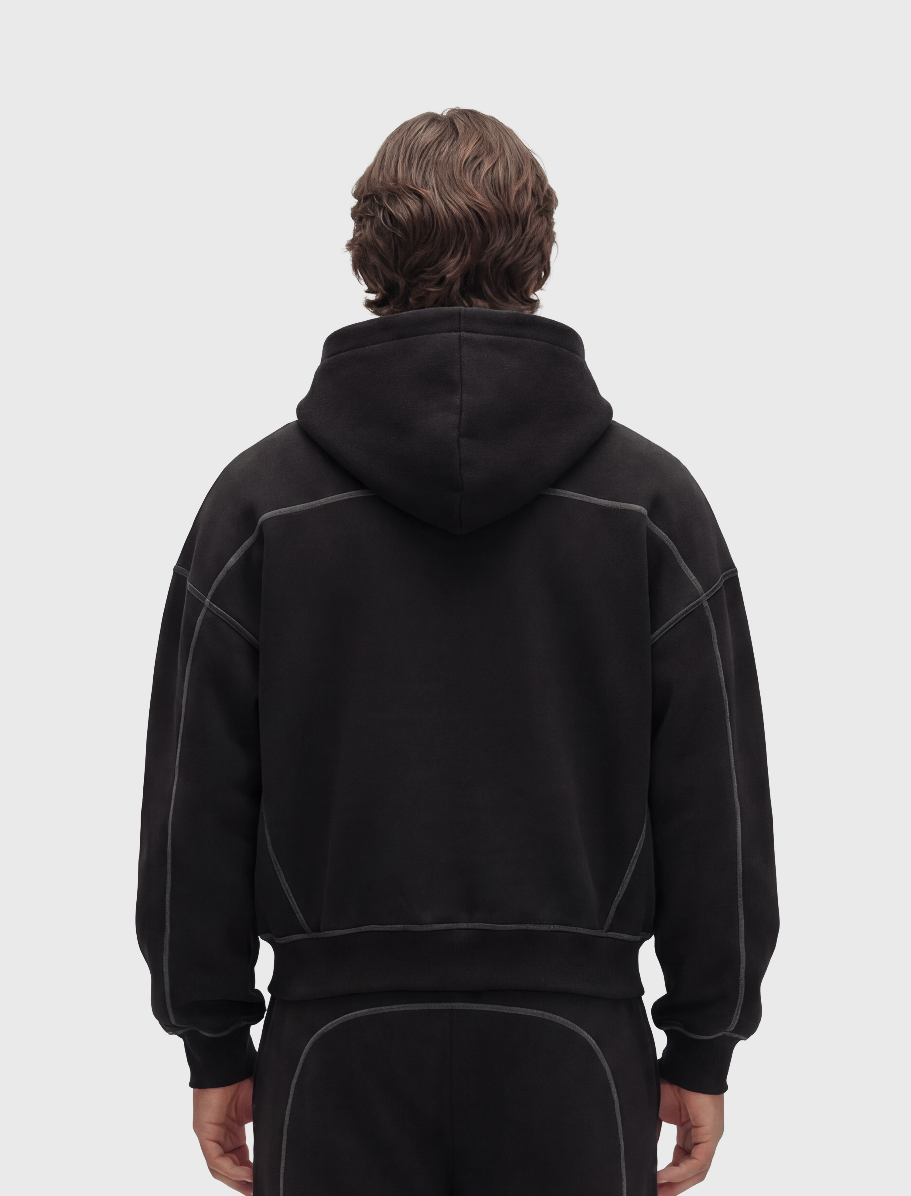 HERCXLES 2026: Contrast-Stitched Boxy Fleece Hoodie - Black model back