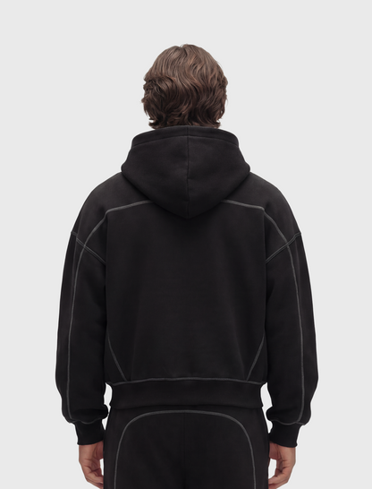 HERCXLES 2026: Contrast-Stitched Boxy Fleece Hoodie - Black model back