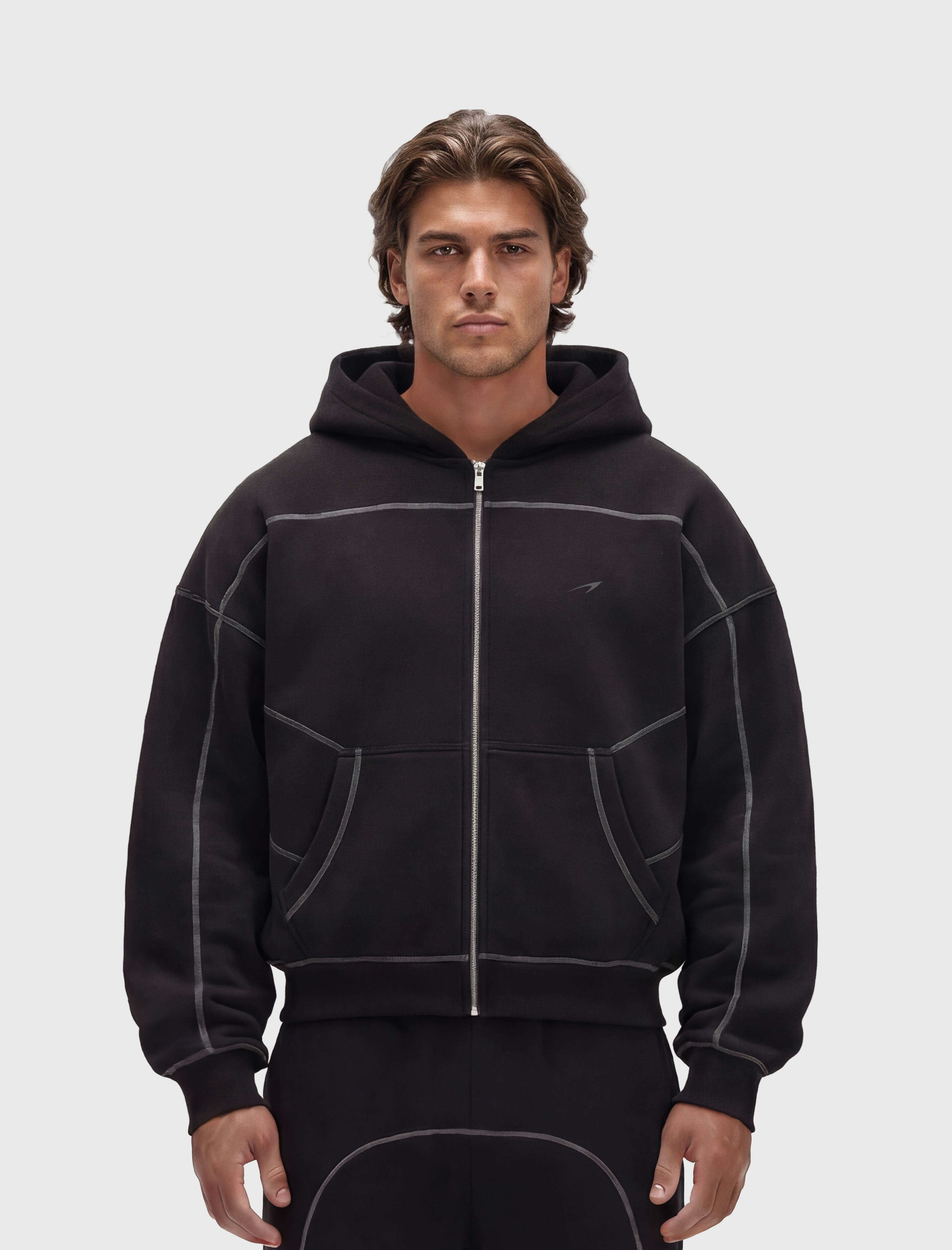 HERCXLES 2026: Contrast-Stitched Boxy Fleece Zip Hoodie - Black model front