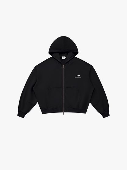 HERCSTUDIOS Vintage Wash Boxy Zip Hoodie - Black front flat lay