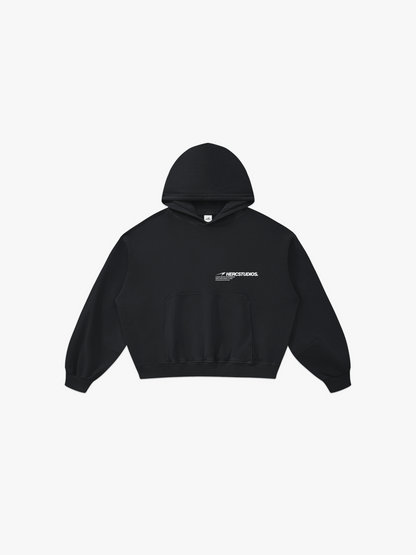 HERCSTUDIOS BOXY HOODIE Black front - warehouse sale