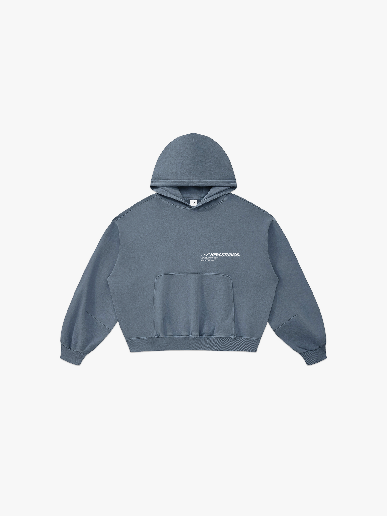 HERCSTUDIOS Boxy Hoodie - Blue Grey front flat lay