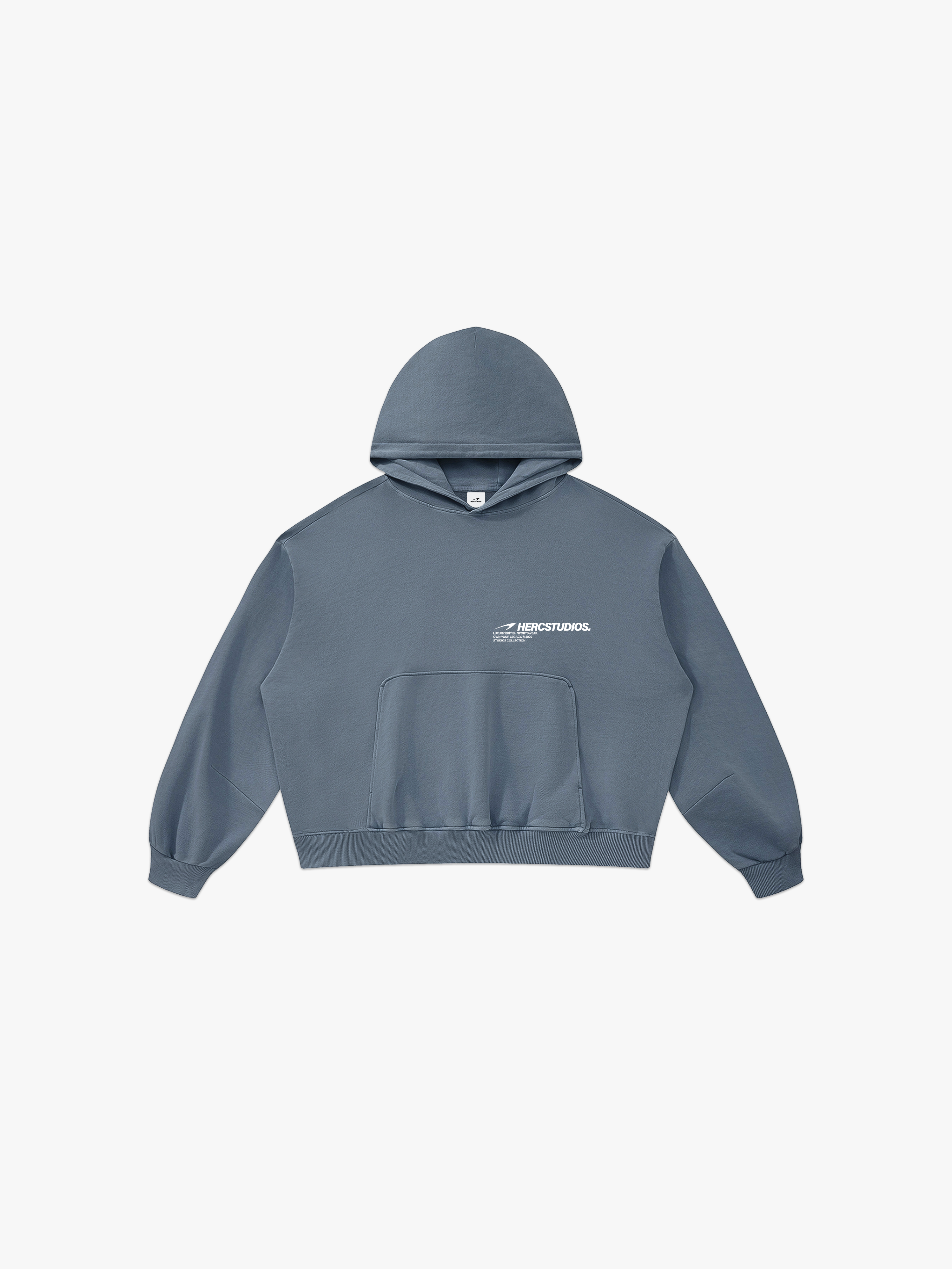 HERCSTUDIOS Boxy Hoodie - Blue Grey front flat lay