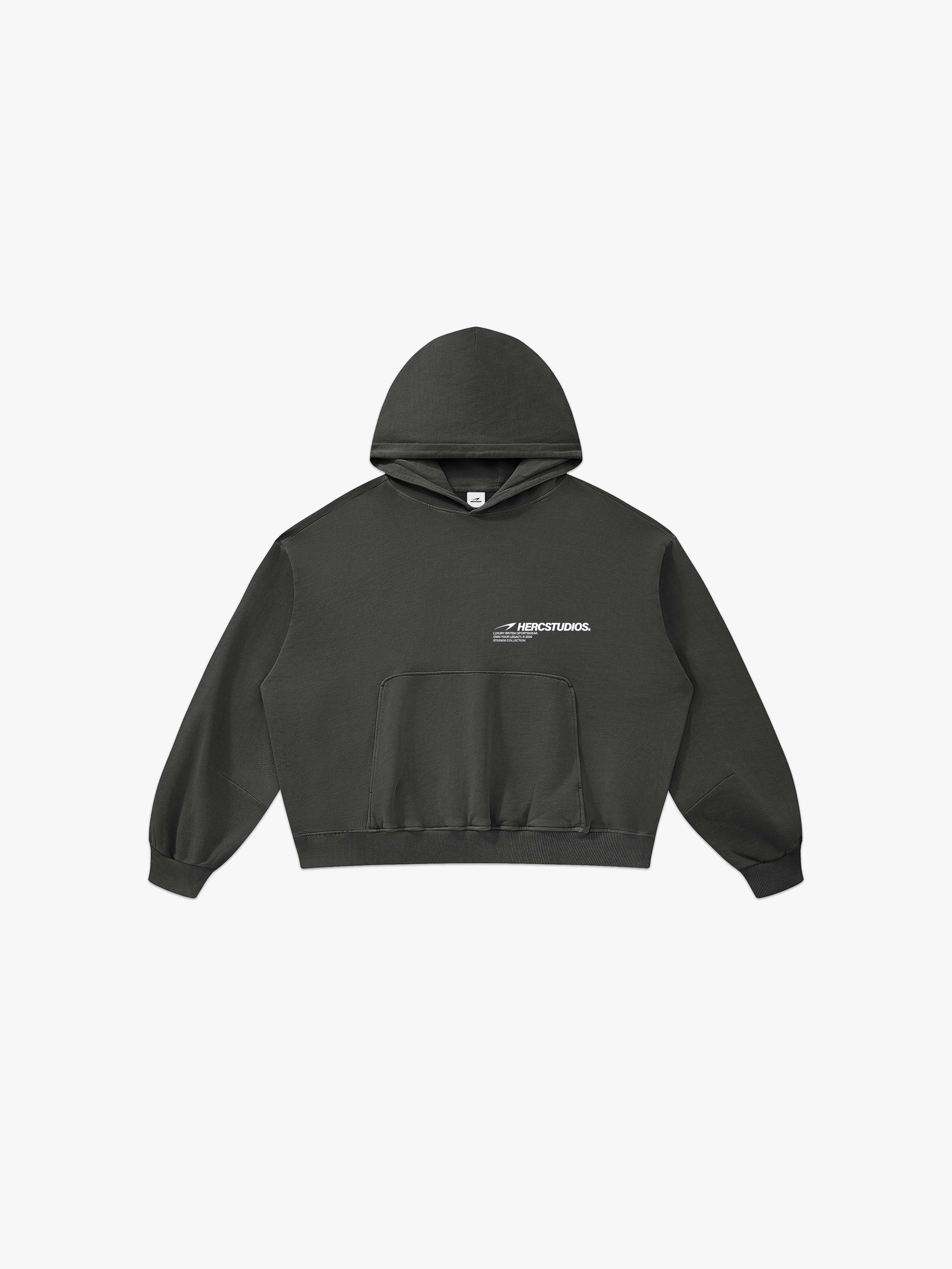 HERCSTUDIOS Boxy Hoodie - Dark Grey front flat lay