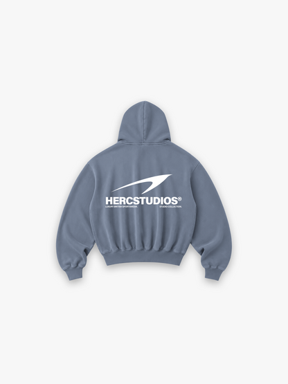 HERCSTUDIOS Hoodie - Blue back flat lay
