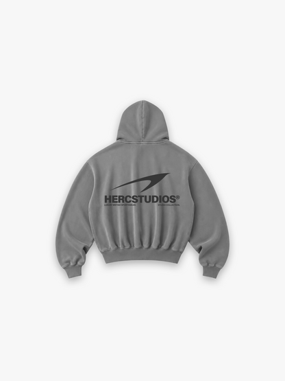 HERCSTUDIOS Hoodie - Grey back flat lay