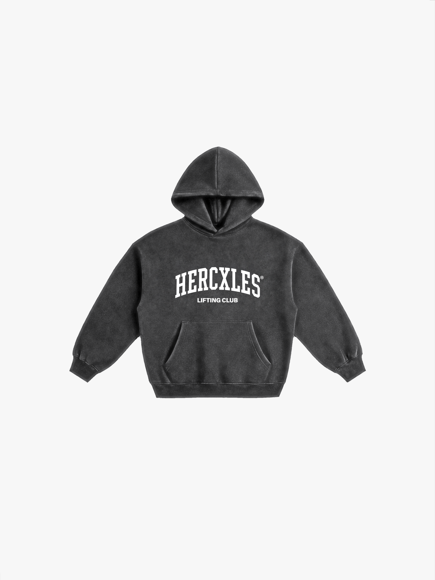 HERCXLES Lifting Club Snow Wash Oversized Hoodie - Washed Black front flatlay