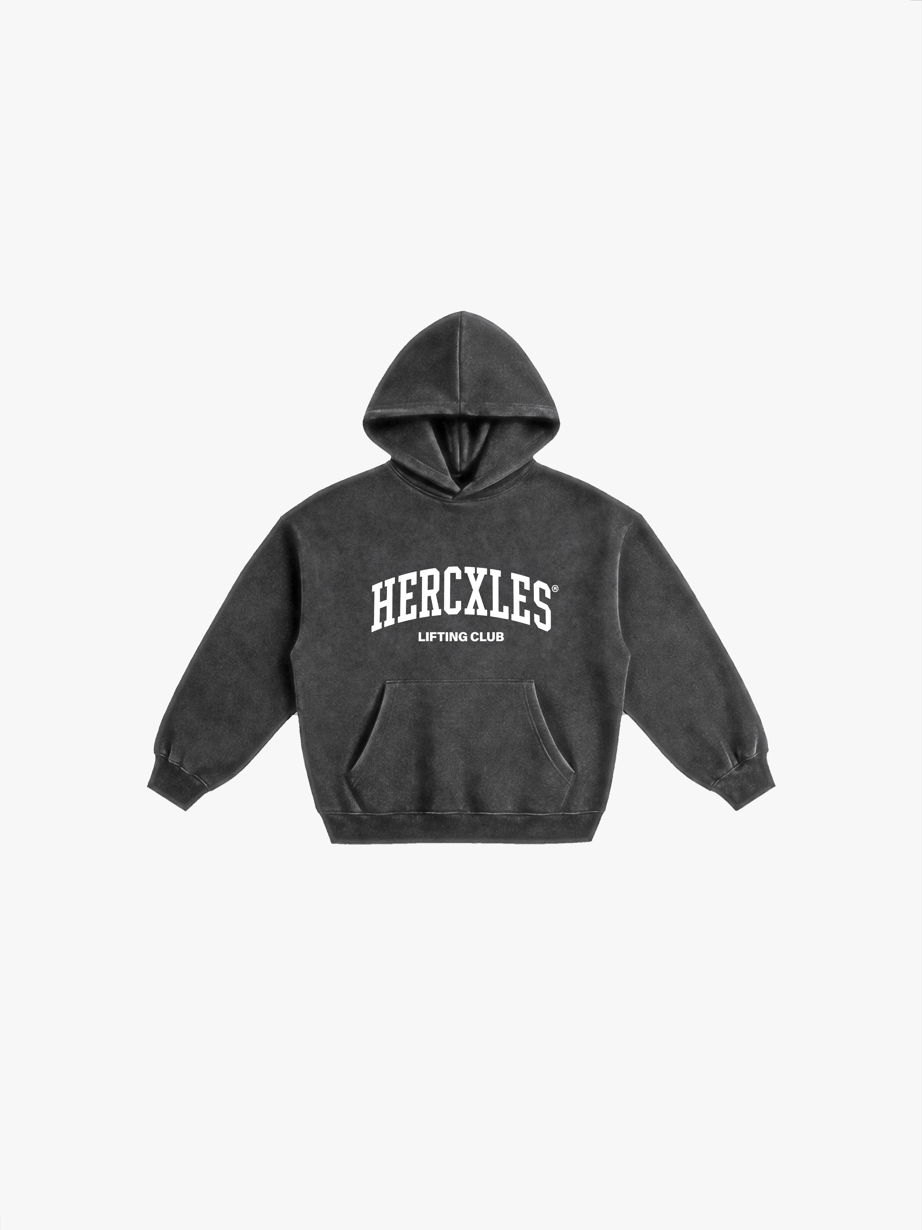 HERCXLES Lifting Club Snow Wash Oversized Hoodie - Washed Black front flatlay