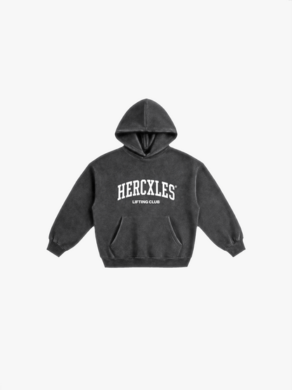 HERCXLES Lifting Club Snow Wash Oversized Hoodie - Washed Black front flatlay