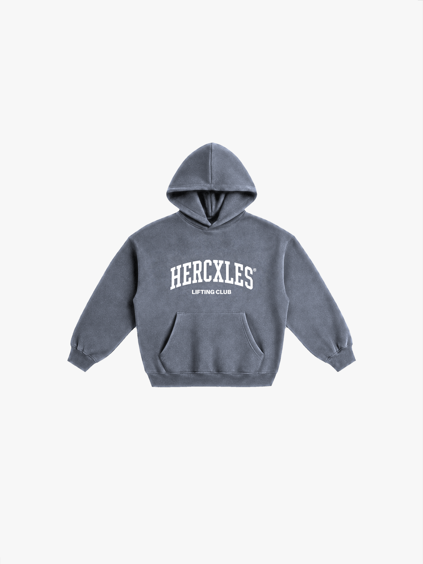 HERCXLES Lifting Club Snow Wash Oversized Hoodie - Washed Blue front flatlay