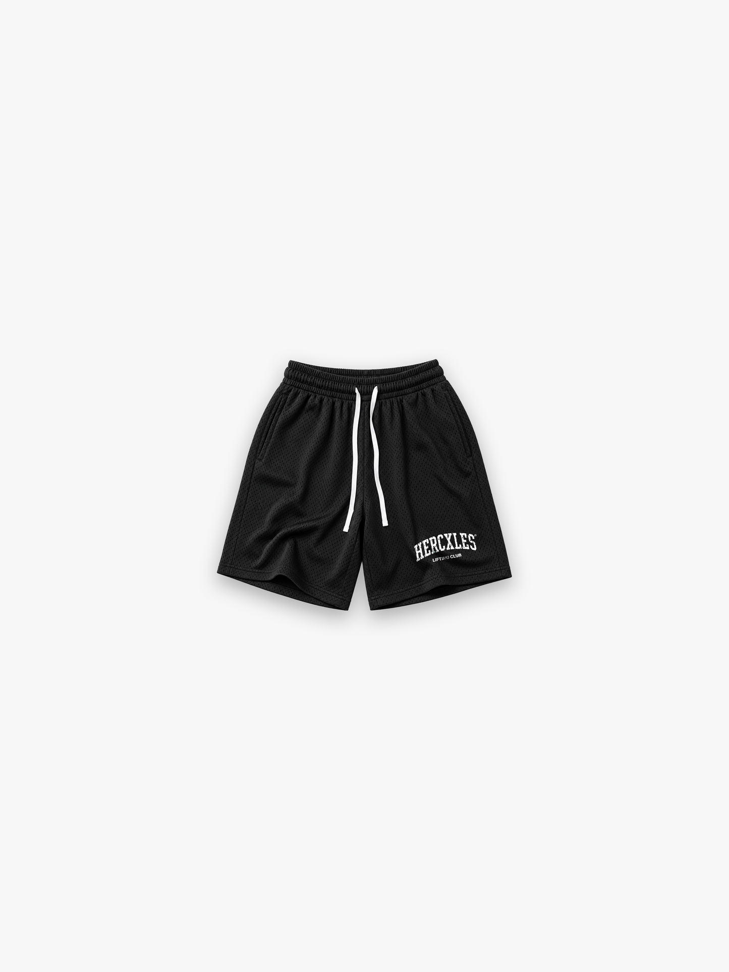 HERCXLES Lifting Club Mesh Drawstring Shorts - Black front flat lay