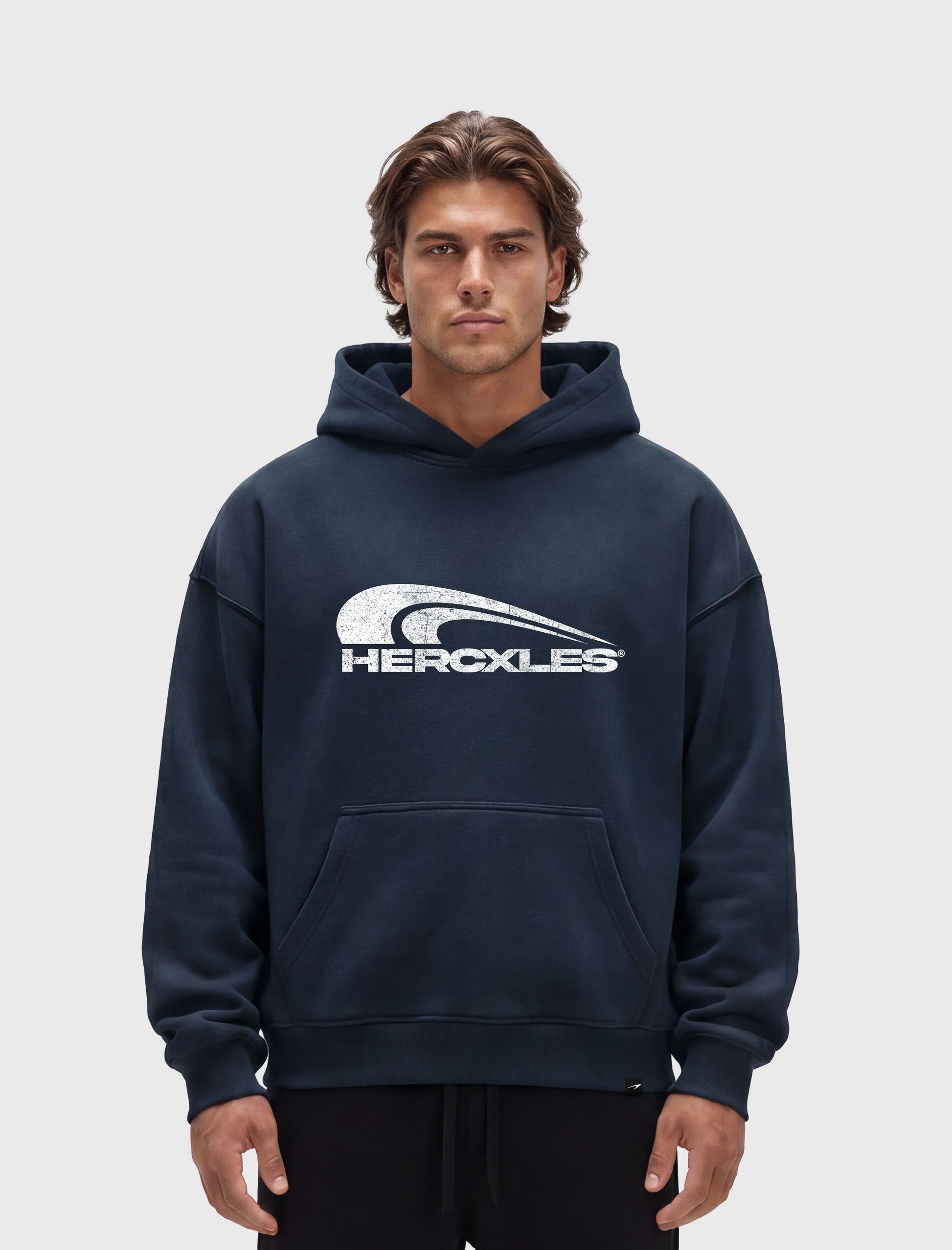 HERCXLES Swoosh Hoodie - Navy Blue model front