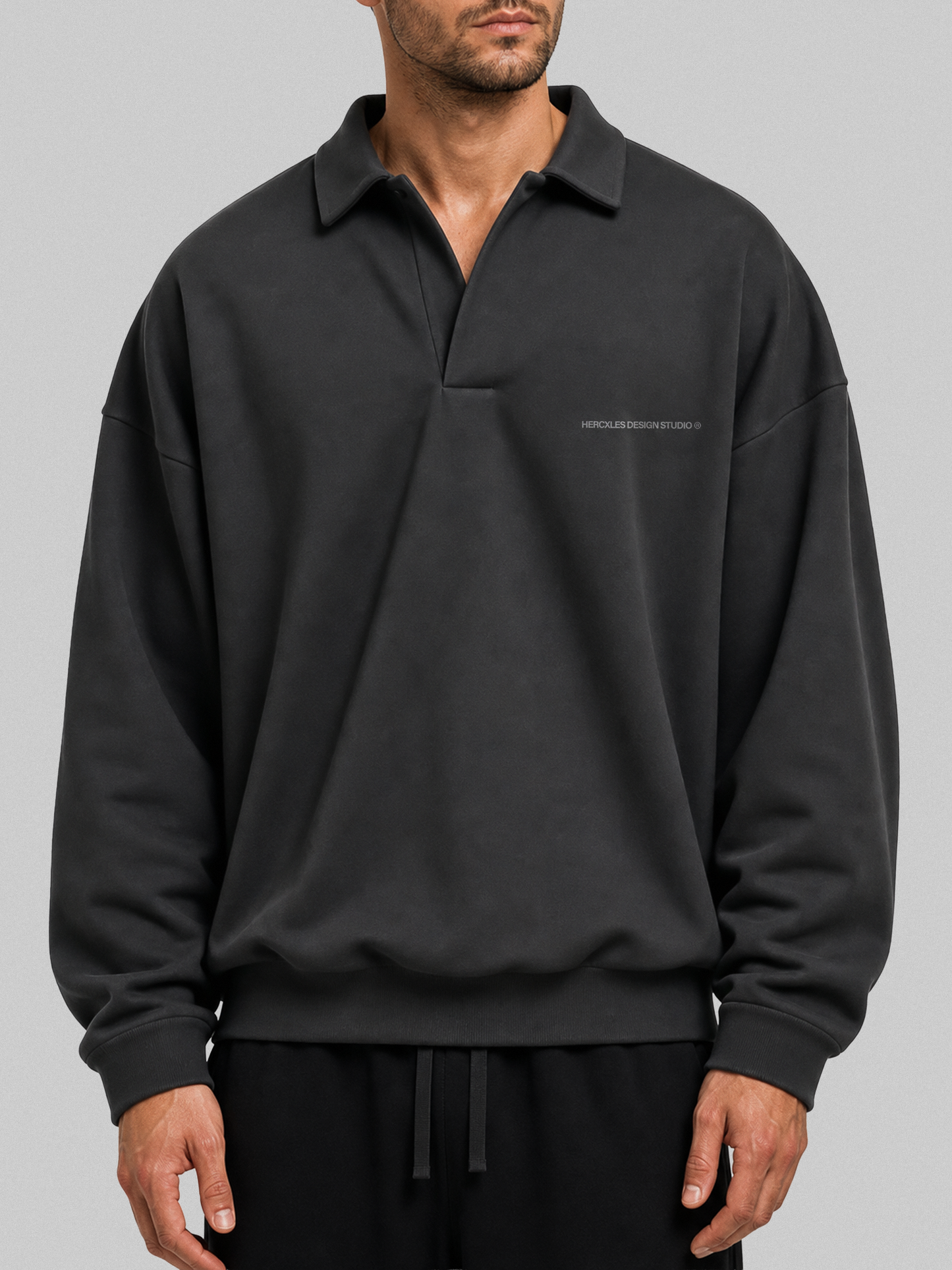 HERCXLES 2026: Studios Polo Sweater - Charcoal Grey model