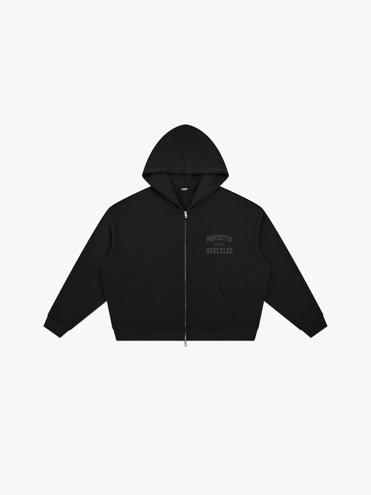HERCXLES Property Of Waffle Boxy Zip Hoodie - Black front flat lay