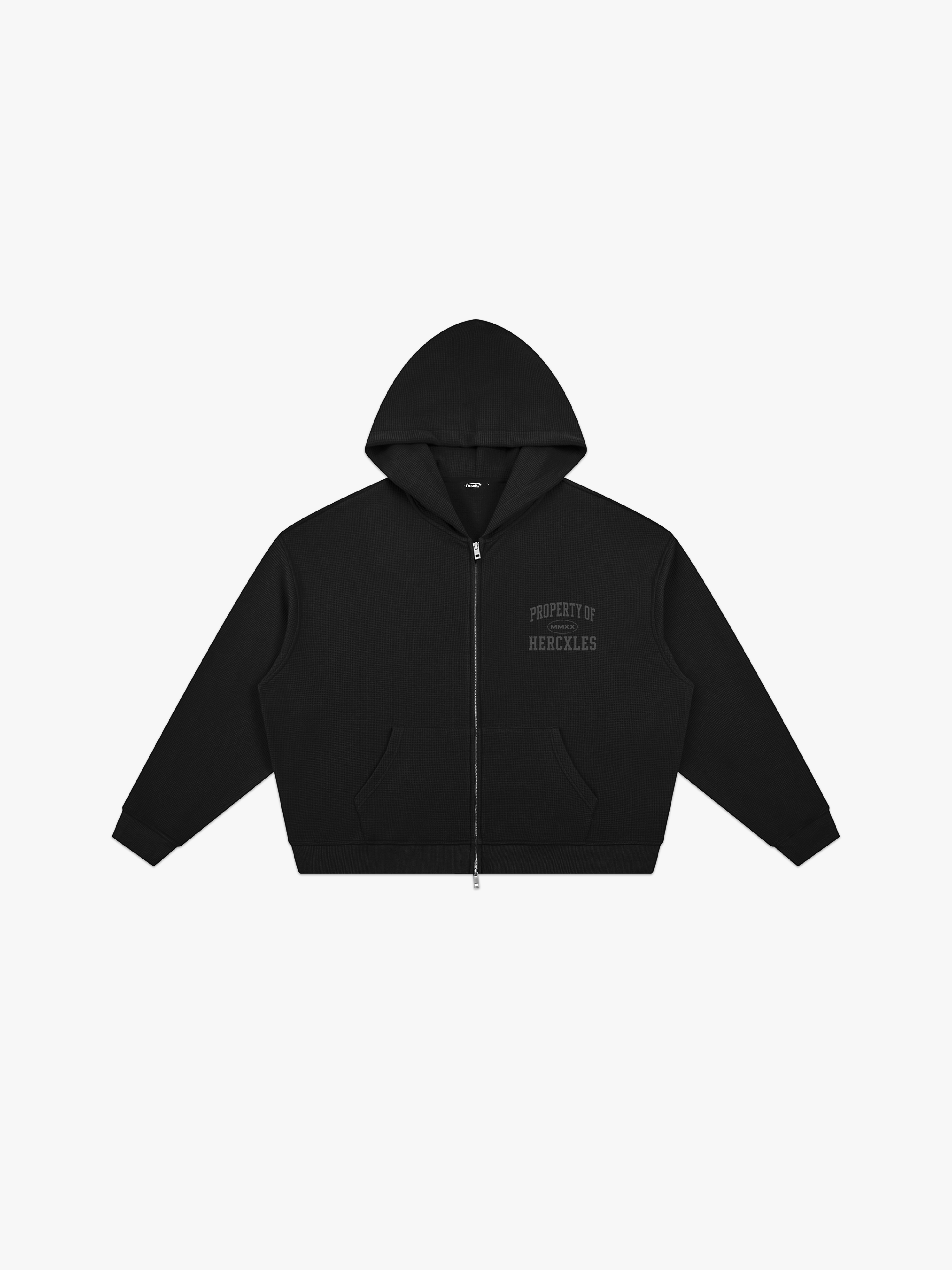 HERCXLES Property Of Waffle Boxy Zip Hoodie - Black front flat lay