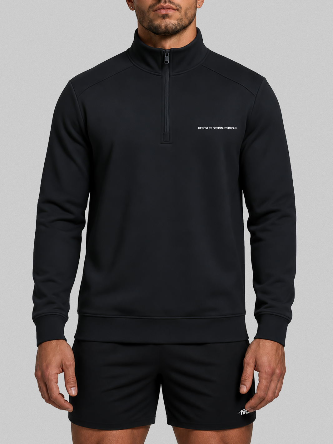 HCX feature detail: Studios Quarter Zip Sweatshirt - Black model
