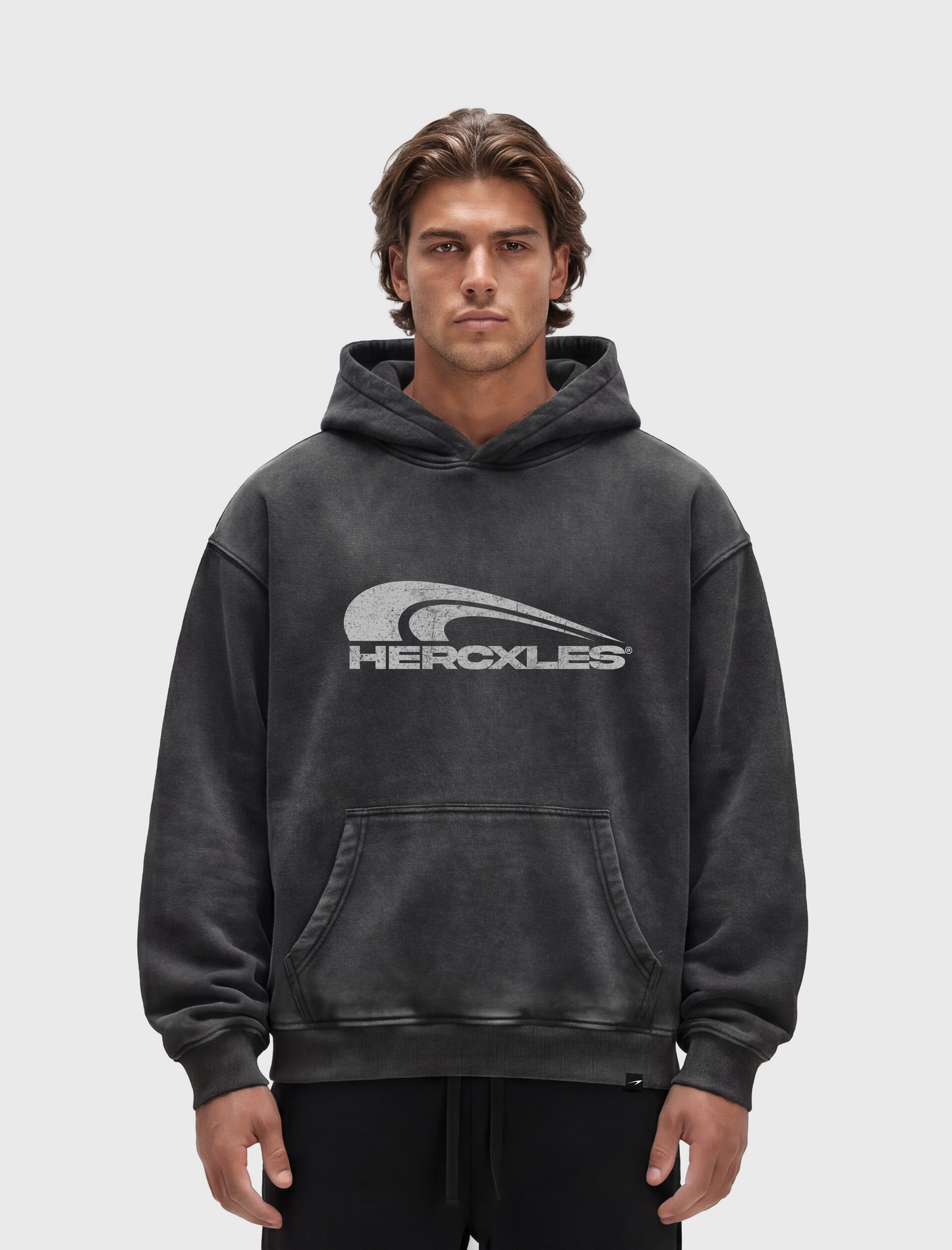 HERCXLES 2026: Swoosh Snow Wash Hoodie - Dark Grey model front