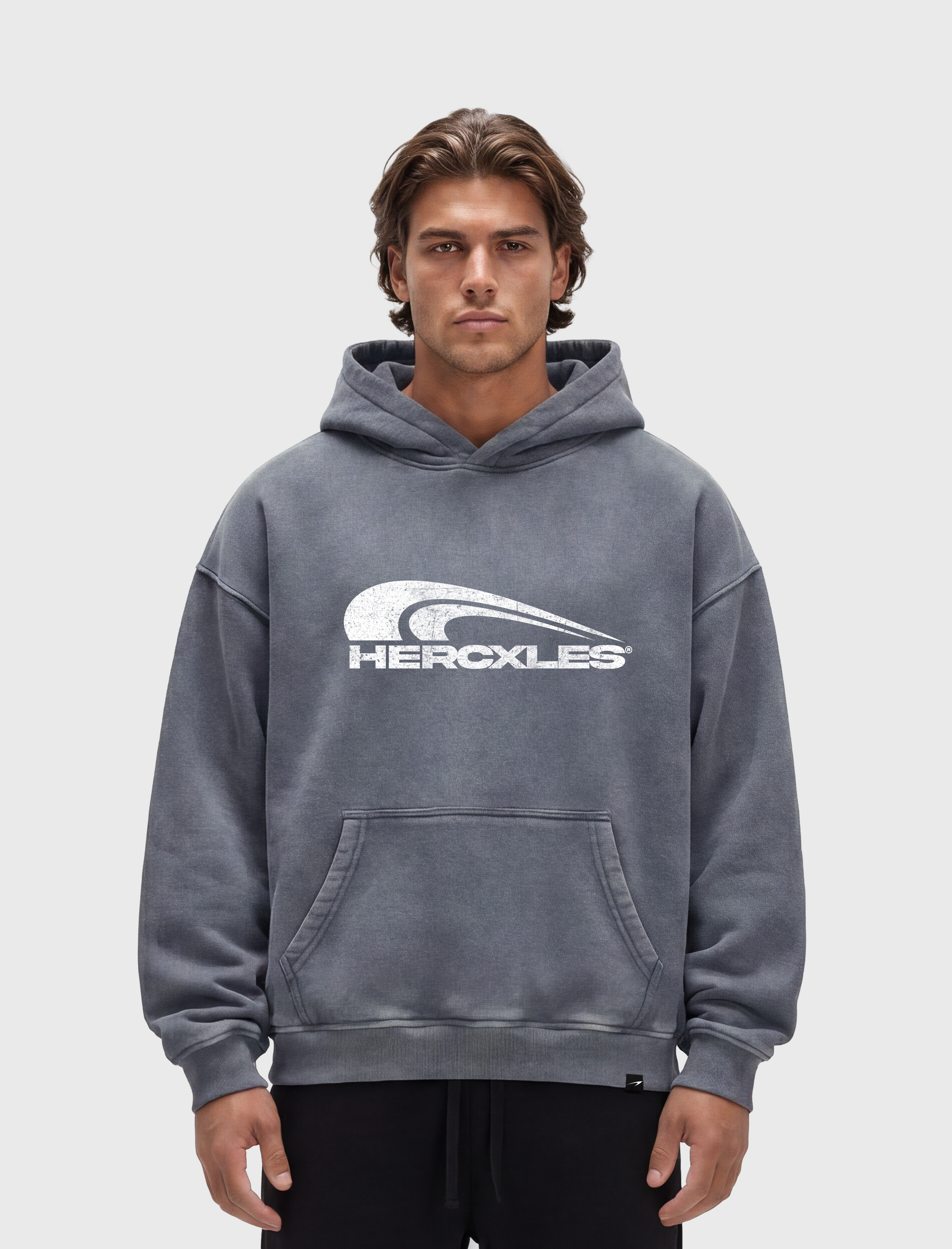 HERCXLES 2026: Rush Snow Wash Hoodie - Grey model front