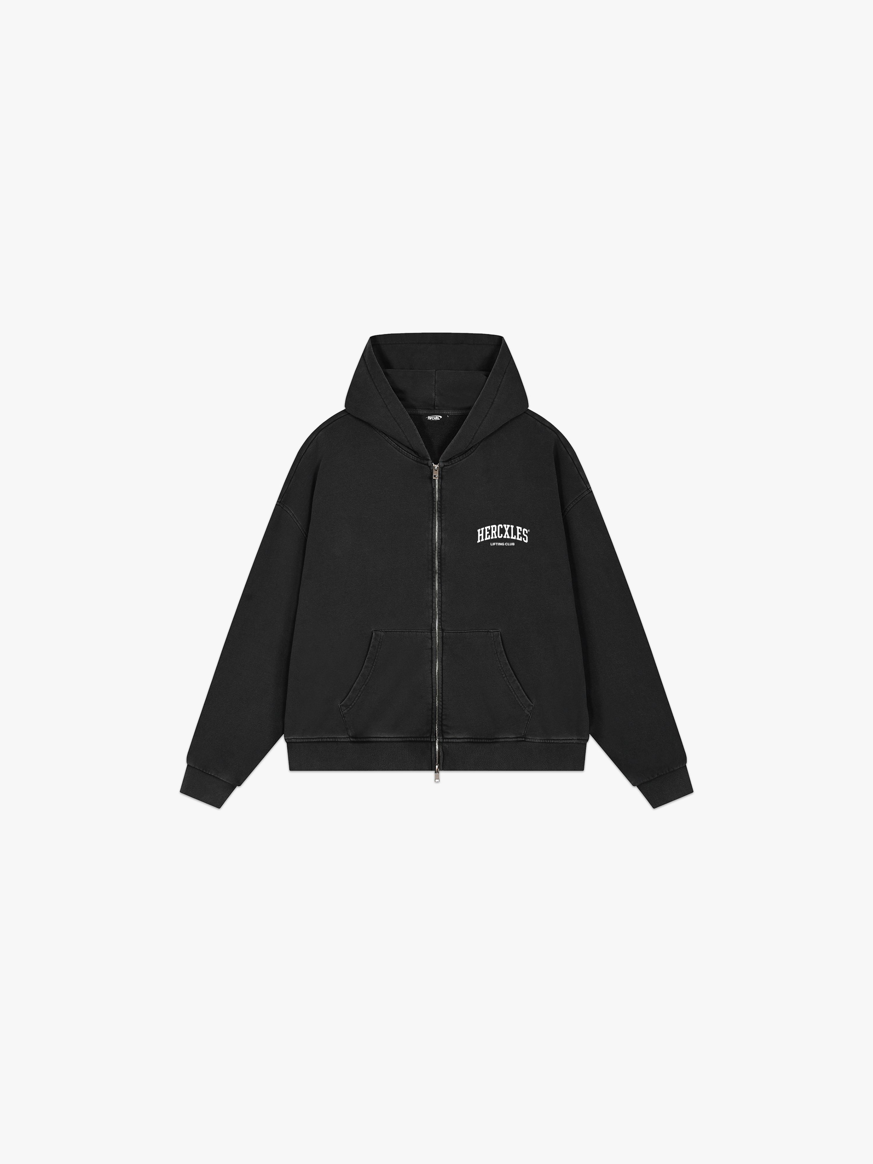 HERCXLES Lifting Club Vintage Wash Zip Hoodie - Black front flat lay