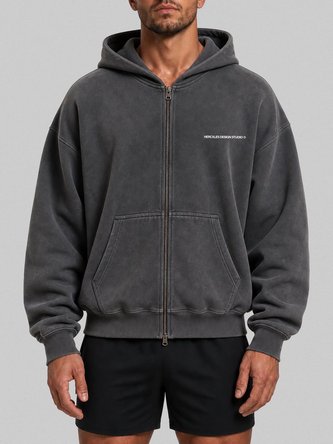 HERCXLES 2026: Studios Washed Zip Hoodie - Washed grey model
