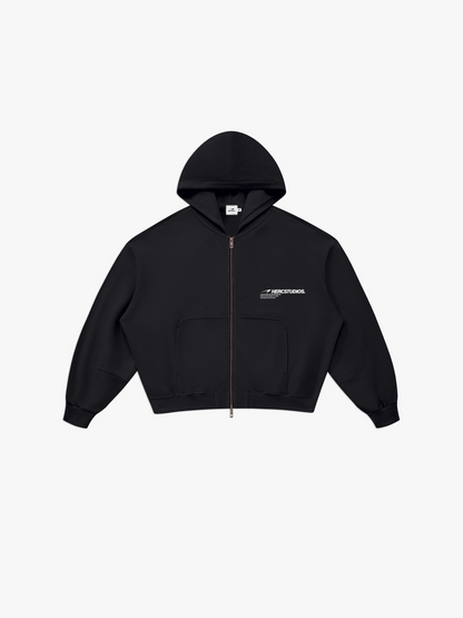 HERCSTUDIOS Vintage Wash Boxy Zip Hoodie - Black front flat lay