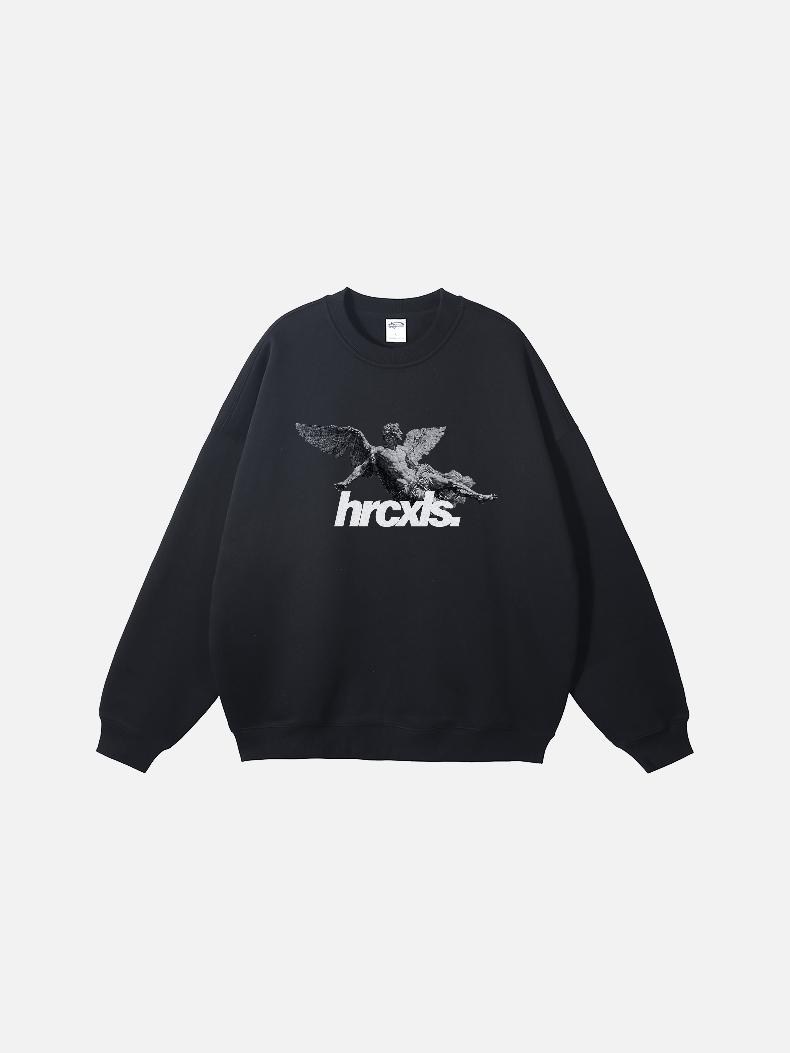 black oversized sweatshirt with icarus print on front