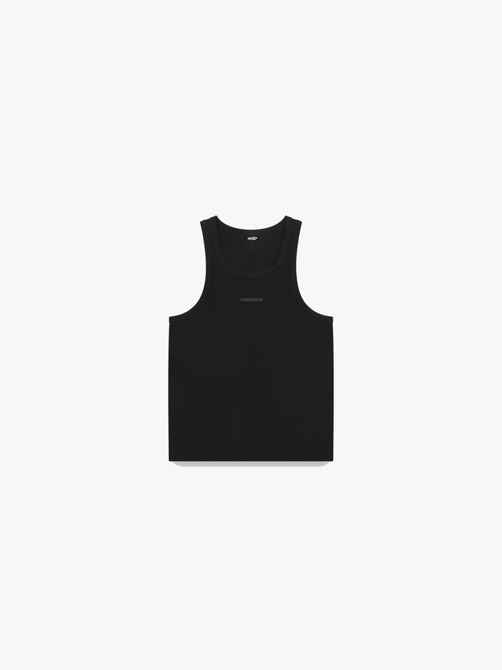 HERCXLES Tank Top - Black front flatlay tonal logo
