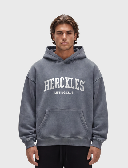 HERCXLES Lifting Club Snow Wash Oversized Hoodie - Washed Blue model front