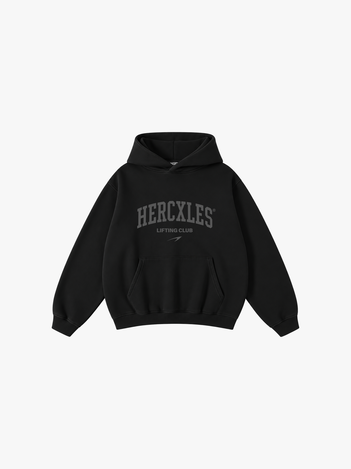 HERCXLES: Lifting Club Tonal Oversized Hoodie - Black Beauty front flat lay with tonal Lifting Club print