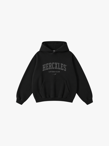 HERCXLES: Lifting Club Tonal Oversized Hoodie - Black Beauty front flat lay with tonal Lifting Club print