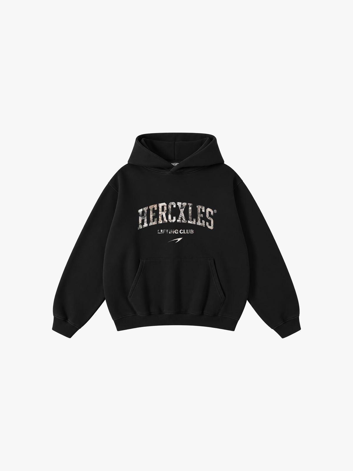 HERCXLES: Lifting Club Vintage Oversized Hoodie - Black Beauty front flat lay with camo Lifting Club print